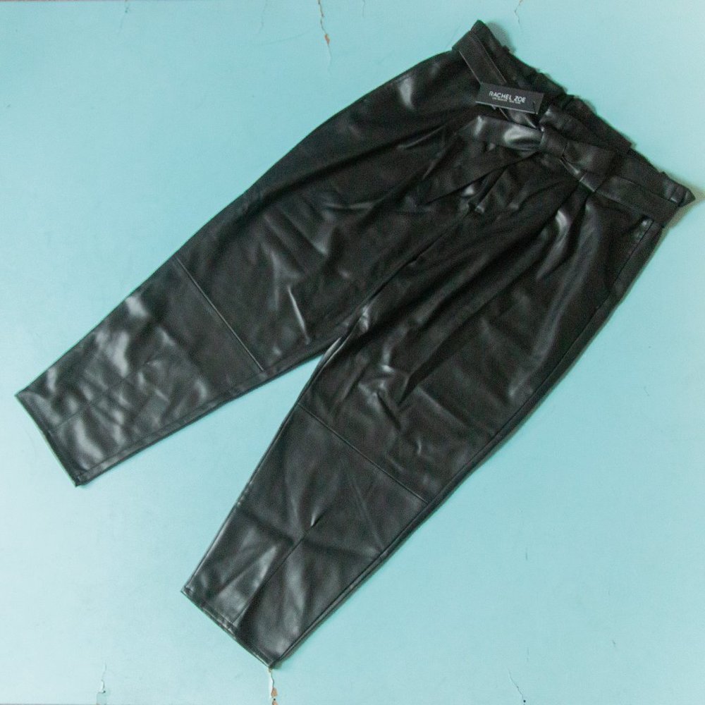 NEW Rachel Zoe Black Faux Leather Tie Waist Straight Leg Papberbag Pants Sz 2X